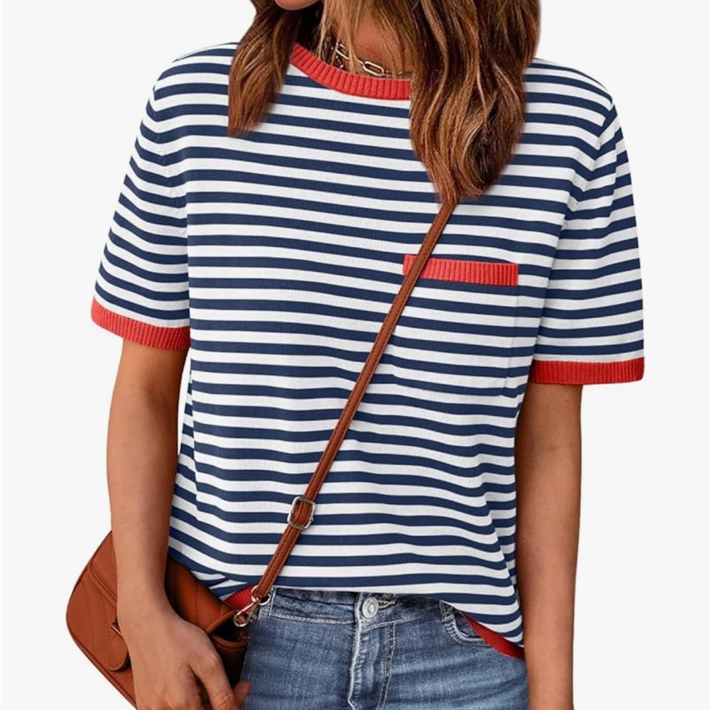 Navy & White Striped Women's Sweater with Red Trim